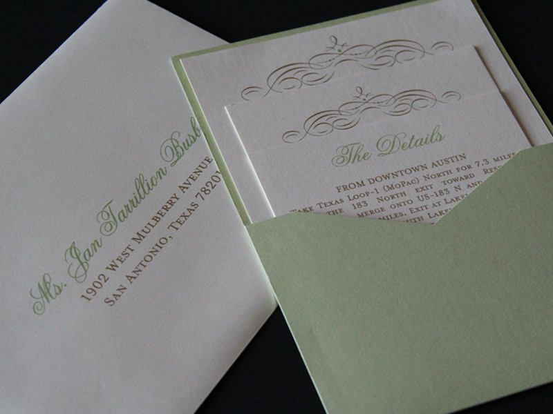 pocket wedding invitation mint and gold