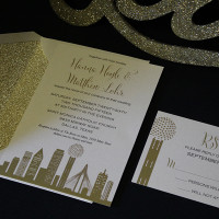 Glitter invitations, custom invitation austin texas; hill country wedding; hill county vendor; custom wedding invitations dripping springs texas; carlson craft wedding invitations; wedding menus; place cards; escort cards; ceremony programs; wedding ceremony essentials; seating charts; laser cutting;