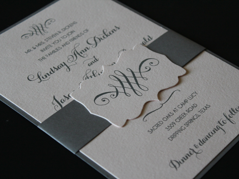 blush and gray wedding layered invitation with monogram